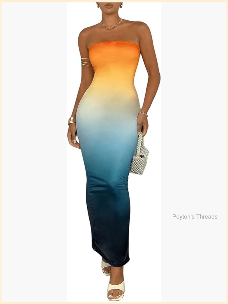 Strapless Maxi Bodycon Dress Ombre Tube Top Sleeveless Backless Summer Vacation